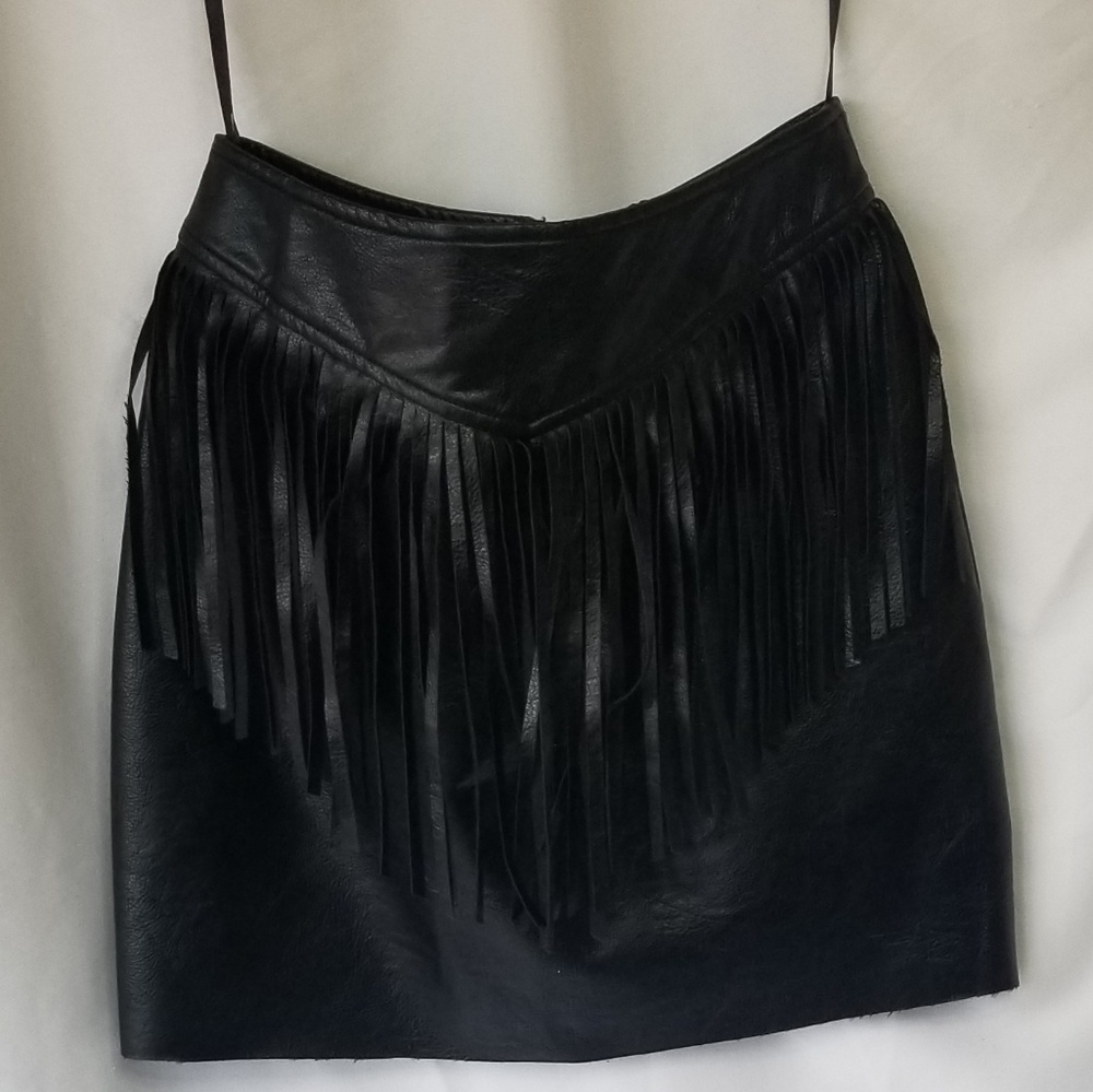 Vintage Style Black Faux Leather Mini Skirt Fringe